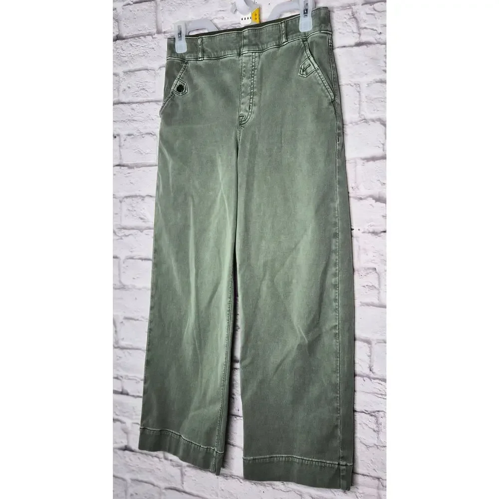 ​SPANX Twill Crop Wide Leg Pants Medium Olive Green High Waist Stretch women's.